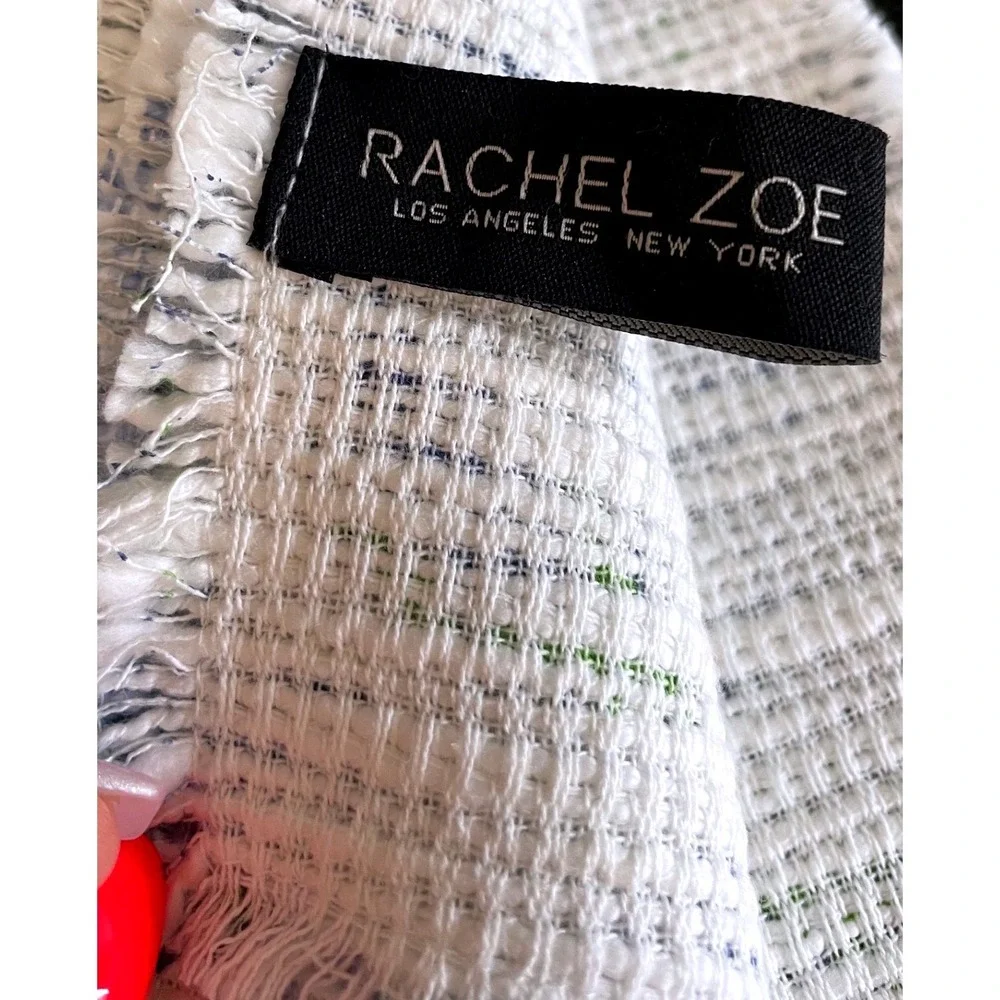 Rachel Zoe Blue Green Floral Block Print Cotton Table Runner 17x88 Frayed Edge